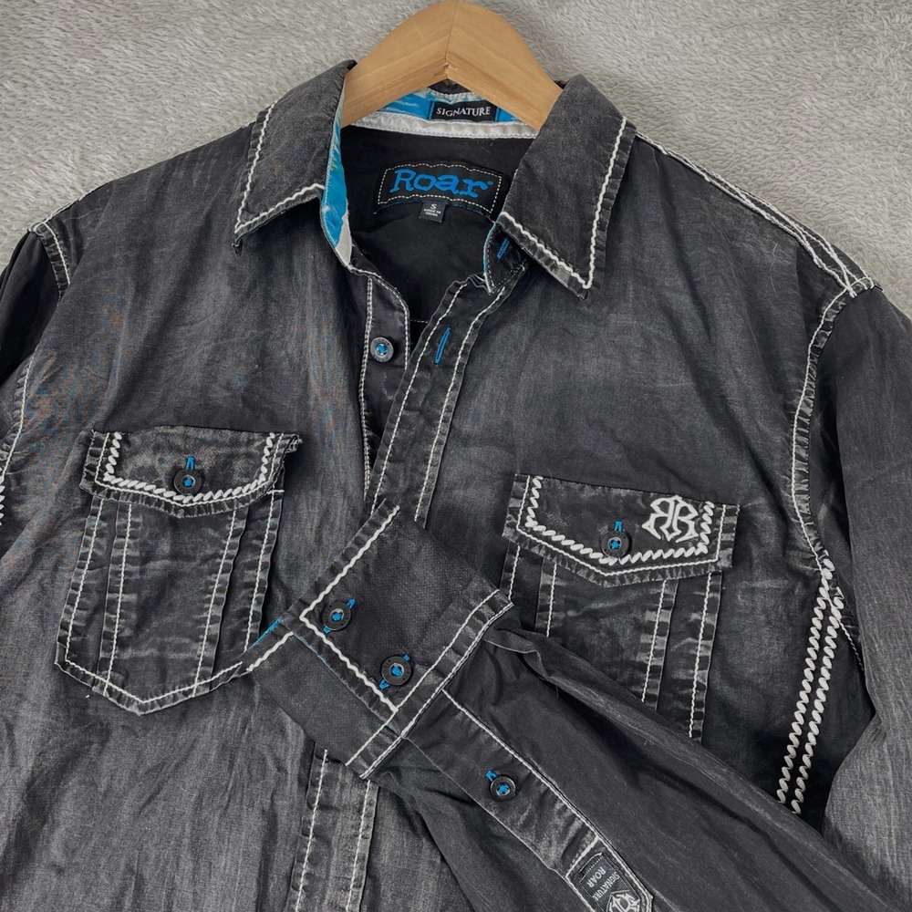 Roar Signature Insightful Shirt Mens Small Black Y2K Western Embroidered Stitch